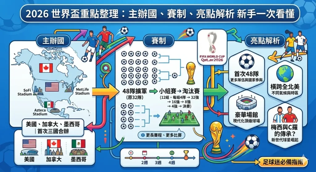 2026世界盃重點整理資訊圖，展示主辦國、48隊賽制與賽事亮點
