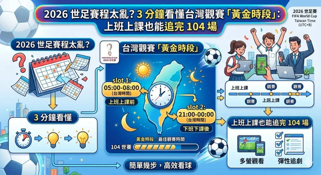 2026世足賽程台灣觀賽黃金時段資訊圖，整理104場比賽時段分布與UTC+8時間換算

